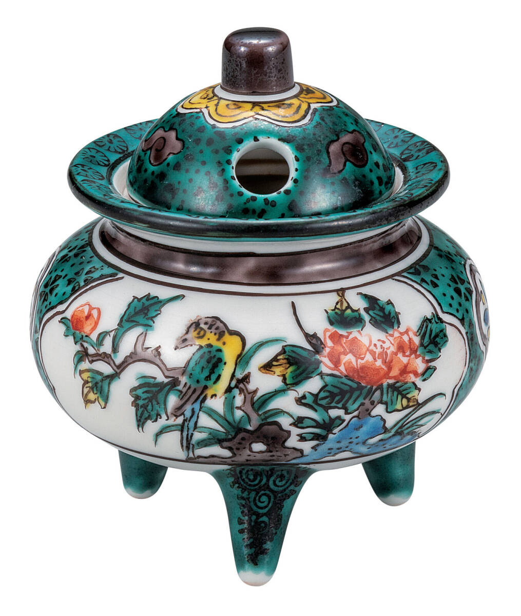 九谷焼! ☆青九谷花鳥・香炉☆ K9-1463 新品 茶道具 リラクゼーション ギフト拍卖