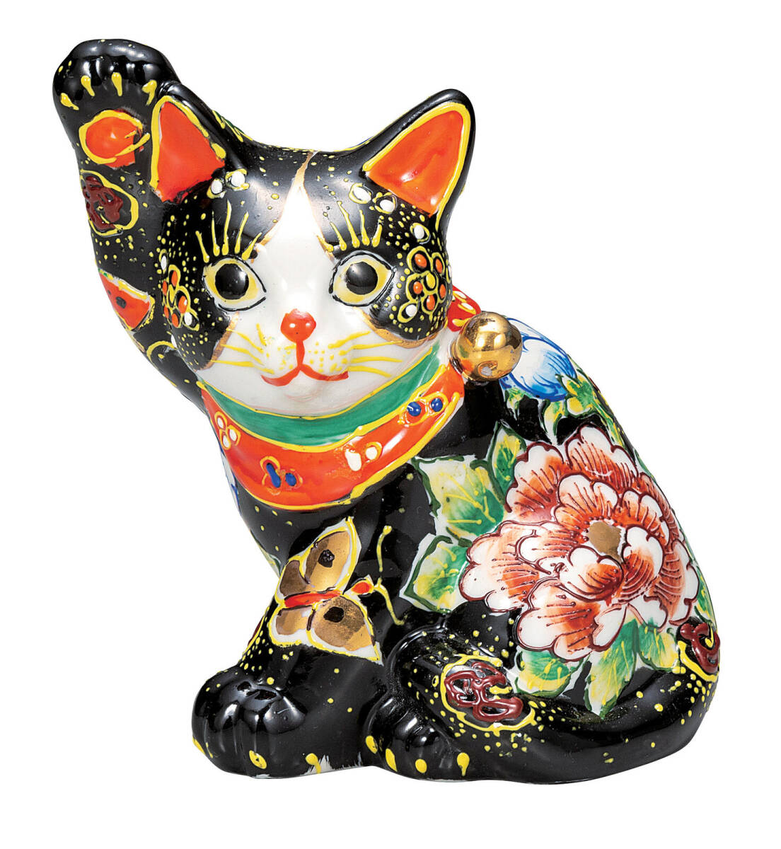 九谷焼! ☆黒盛花と蝶・横座招き猫5.5号☆ K9-1641 新品 商売繁盛 縁起物 千客万来 開運 置物 招き猫 ギフト拍卖