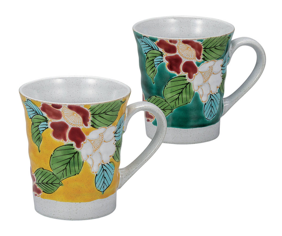 九谷焼! ☆色絵山茶花・ペアマグカップ☆ K9-1060 新品 茶器 コーヒー 紅茶 ミルク ラテ エスプレッソ カプチーノ ギフト拍卖