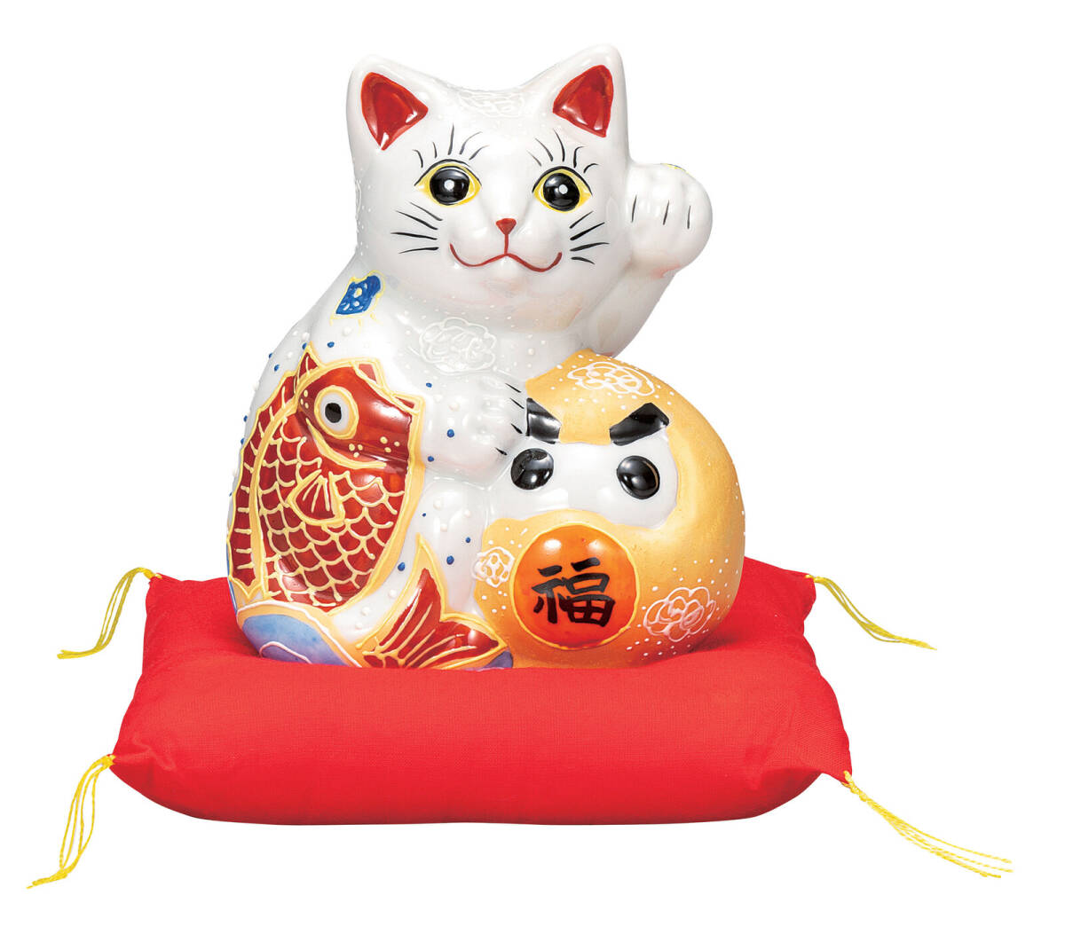 九谷焼! ☆祝鯛・達磨招き猫5号(布団付)☆ K9-1640 新品 商売繁盛 縁起物 千客万来 開運 置物 招き猫 ギフト拍卖