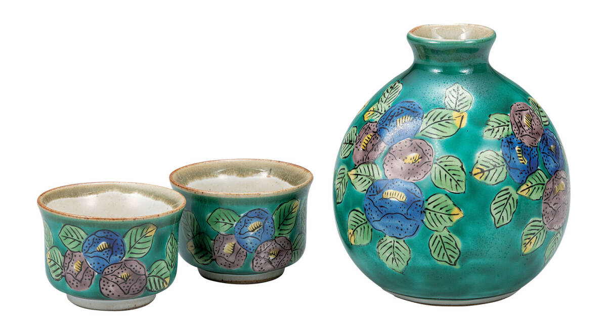 九谷焼! ☆グリーン椿・晩酌揃☆ K9-1249 新品 酒盃 サカズキ 杯 盃 お猪口 馬上杯 ギフト拍卖