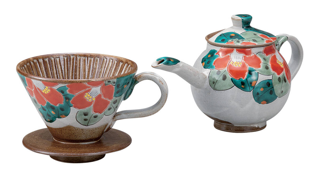 九谷焼! 福田良則 ☆椿・ドリッパー付ポット☆ K9-1118 新品 コーヒー 紅茶 ミルク ラテ エスプレッソ カプチーノ 茶器 ギフト拍卖