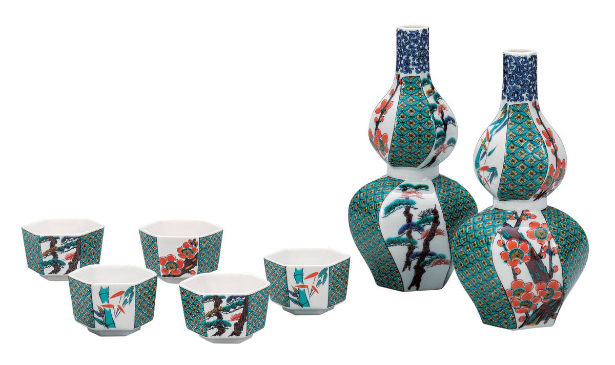 九谷焼! 佐藤剛志 ☆色絵華唐草・酒器揃☆ K9-1259 新品 酒盃 サカズキ 杯 盃 お猪口 馬上杯 ギフト拍卖
