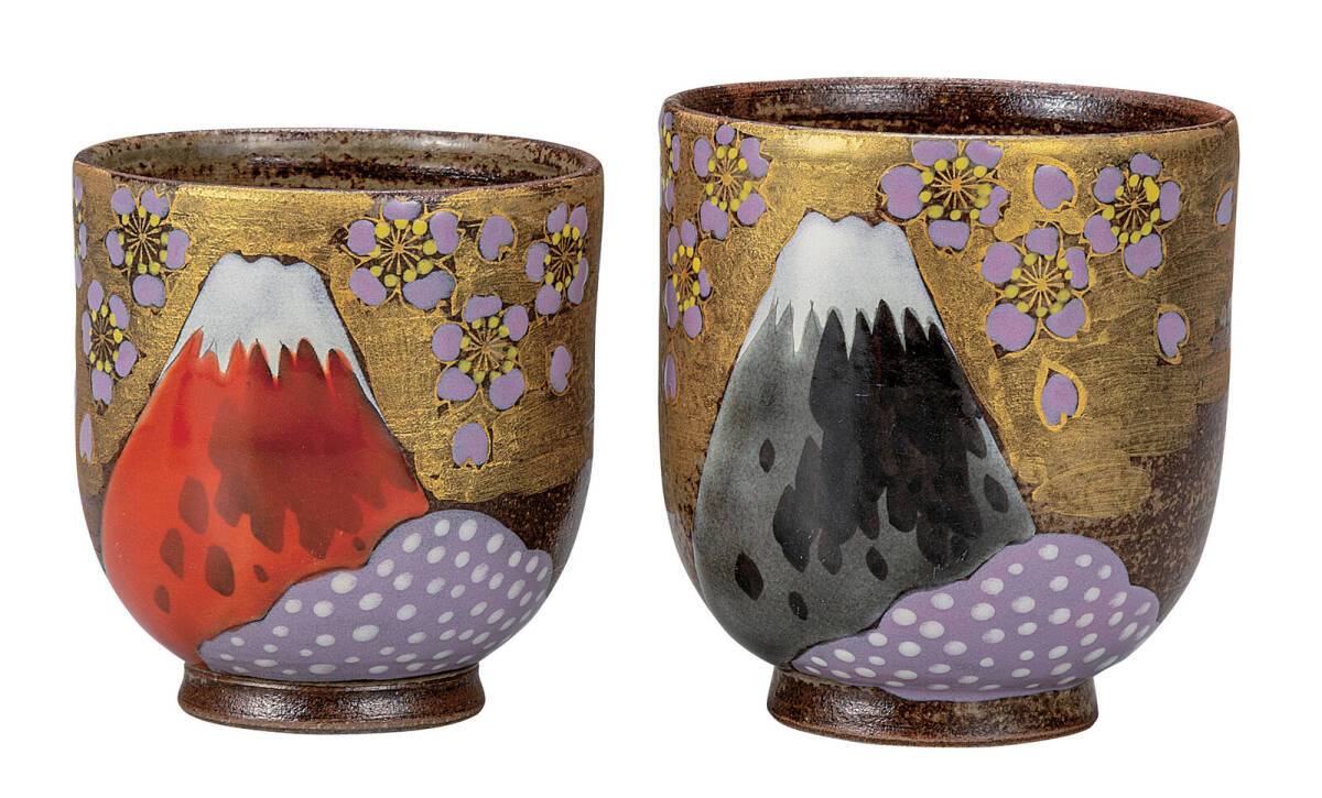 九谷焼! 福田良則 ☆金雲さくら富士・組湯呑☆ K9-800 新品 汲出 煎茶 ほうじ茶 茶器 ギフト拍卖