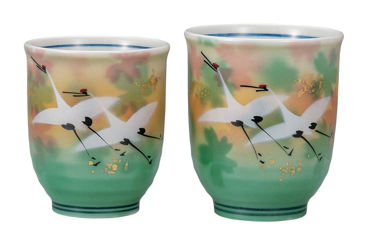 九谷焼! 山田登陽志 ☆金箔花群鶴・組湯呑☆ K9-801 新品 汲出 煎茶 ほうじ茶 茶器 ギフト拍卖
