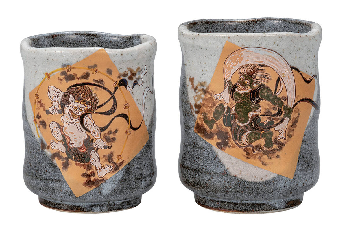 九谷焼! ☆風神雷神・組湯呑☆ K9-751 新品 汲出 煎茶 ほうじ茶 茶器 ギフト拍卖