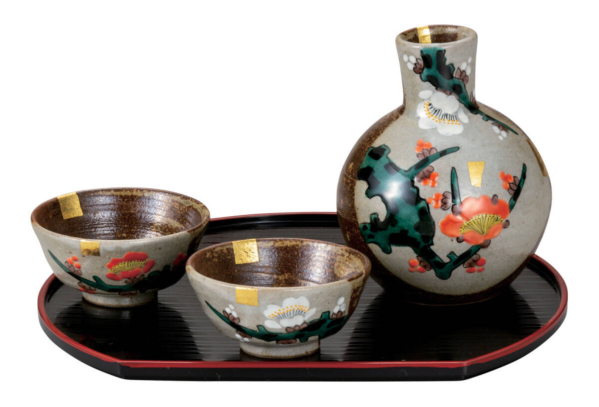 九谷焼! 福田良則 ☆紅白梅・酒器揃☆ K9-1256 新品 酒盃 サカズキ 杯 盃 お猪口 馬上杯 ギフト拍卖
