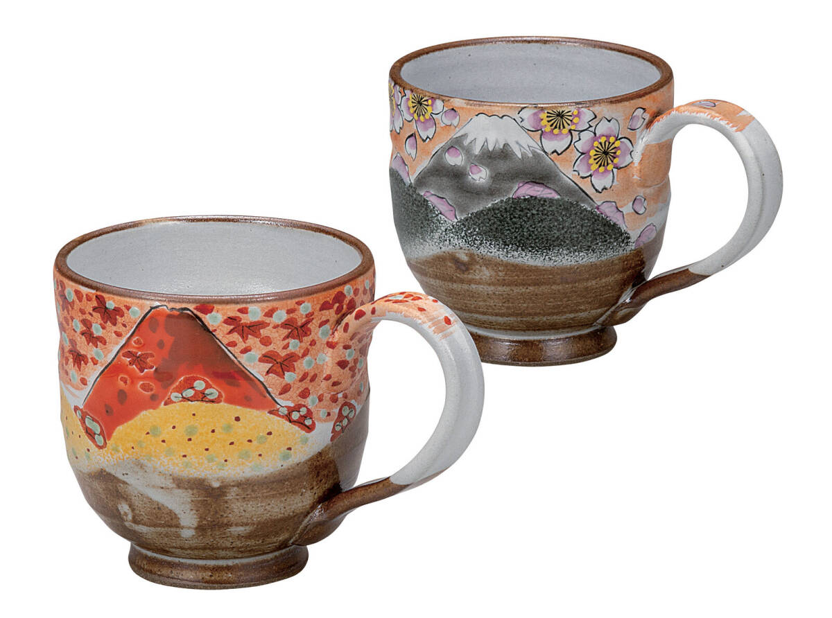 九谷焼! 福田良則 ☆春の富士&秋の富士・ペアマグカップ☆ K9-1066 茶器 コーヒー 紅茶 ミルク ラテ エスプレッソ カプチーノ ギフト拍卖