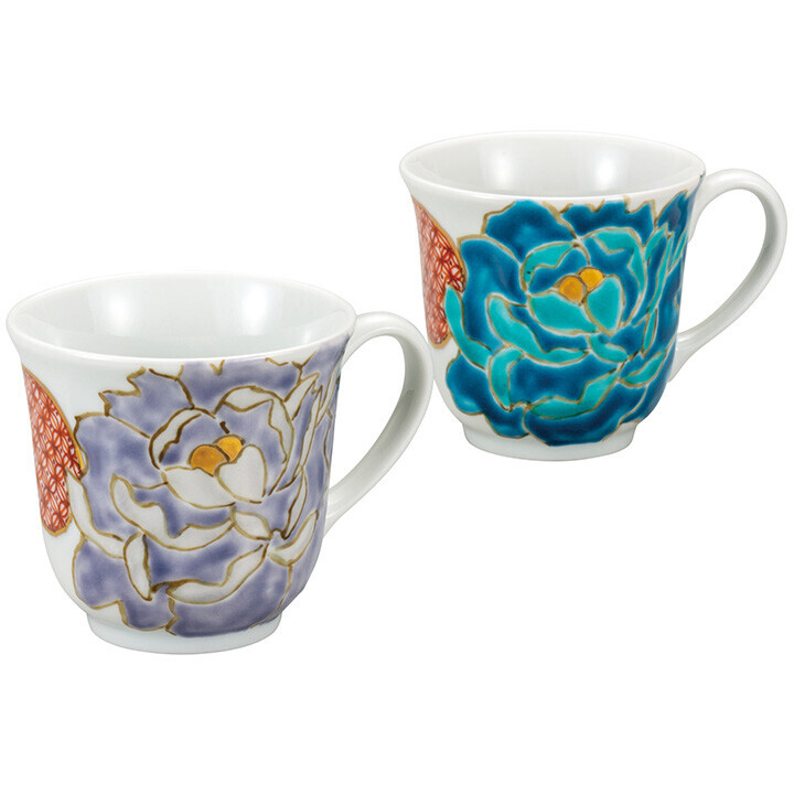 九谷焼! 佐藤剛志 ☆青紫牡丹ペアマグカップ☆ K9-1057 新品 茶器 コーヒー 紅茶 ミルク ラテ エスプレッソ カプチーノ ギフト拍卖