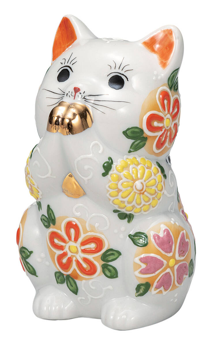 九谷焼! ☆花はな・お祈り猫3.8号☆ K9-1605 新品 商売繁盛 縁起物 千客万来 開運 置物 招き猫 ギフト拍卖