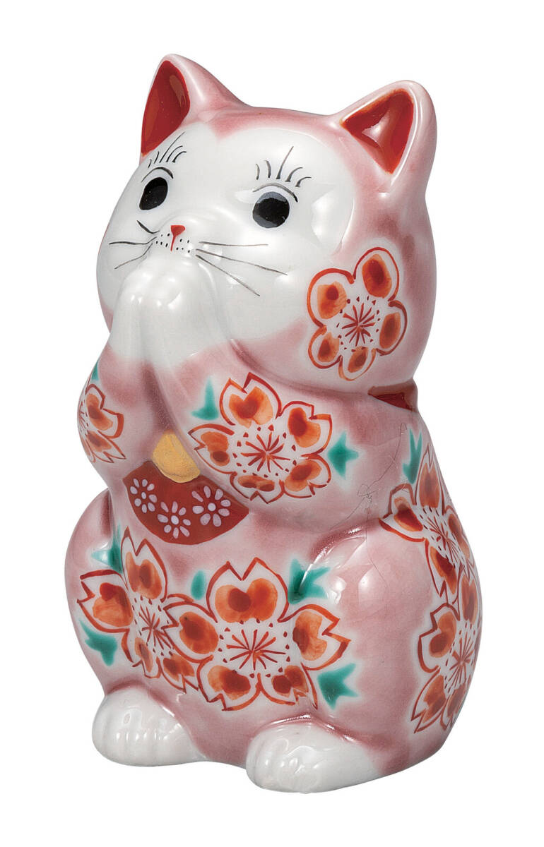 九谷焼! ☆ピンク釉桜・お祈り猫3.2号☆ K9-1597 新品 商売繁盛 縁起物 千客万来 開運 置物 招き猫 ギフト拍卖