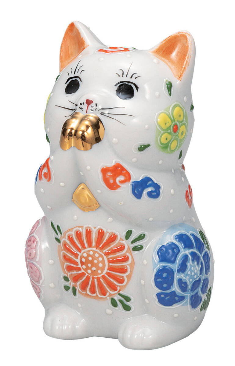 九谷焼! ☆白盛・お祈り猫3.2号☆ K9-1601 新品 商売繁盛 縁起物 千客万来 開運 置物 招き猫 ギフト拍卖