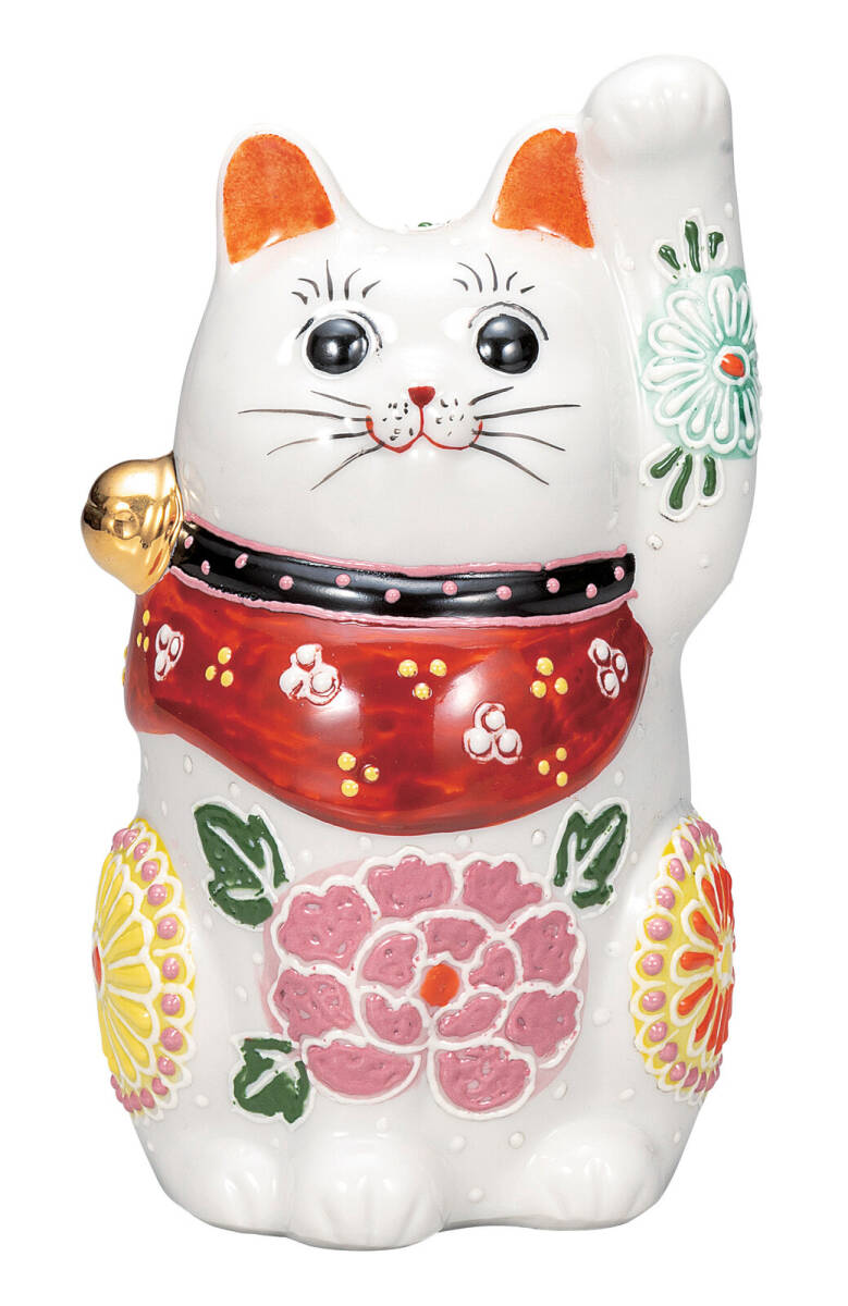 九谷焼! ☆花の宴・招き猫4.8号☆ K9-1630 新品 商売繁盛 縁起物 千客万来 開運 置物 招き猫 ギフト拍卖