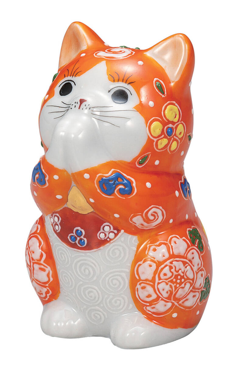 九谷焼! ☆だいだい盛・お祈り猫3.2号☆ K9-1602 新品 商売繁盛 縁起物 千客万来 開運 置物 招き猫 ギフト拍卖