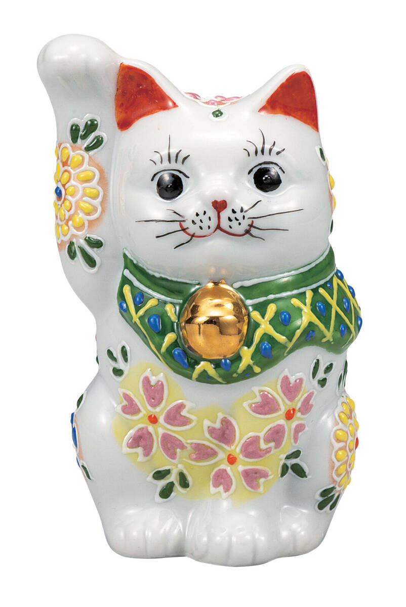 九谷焼! ☆舞い桜・招き猫4号☆ K9-1573 新品 商売繁盛 縁起物 千客万来 開運 置物 招き猫 ギフト拍卖
