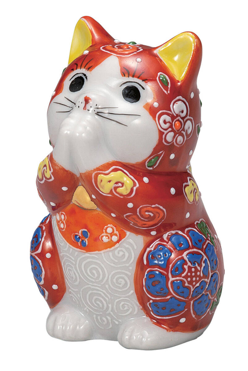 九谷焼! ☆赤盛・お祈り猫2.7号☆ K9-1595 新品 商売繁盛 縁起物 千客万来 開運 置物 招き猫 ギフト拍卖