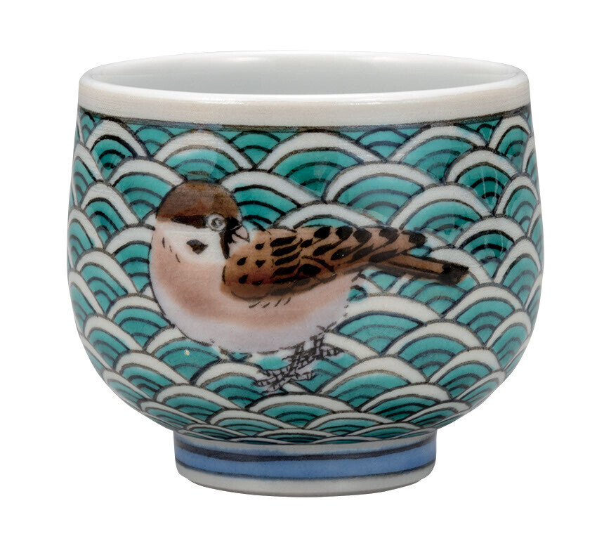 九谷焼! 博峰窯 ☆波小紋雀・ぐい呑☆ K9-1210 新品 酒盃 サカズキ 杯 盃 お猪口 馬上杯 ギフト拍卖