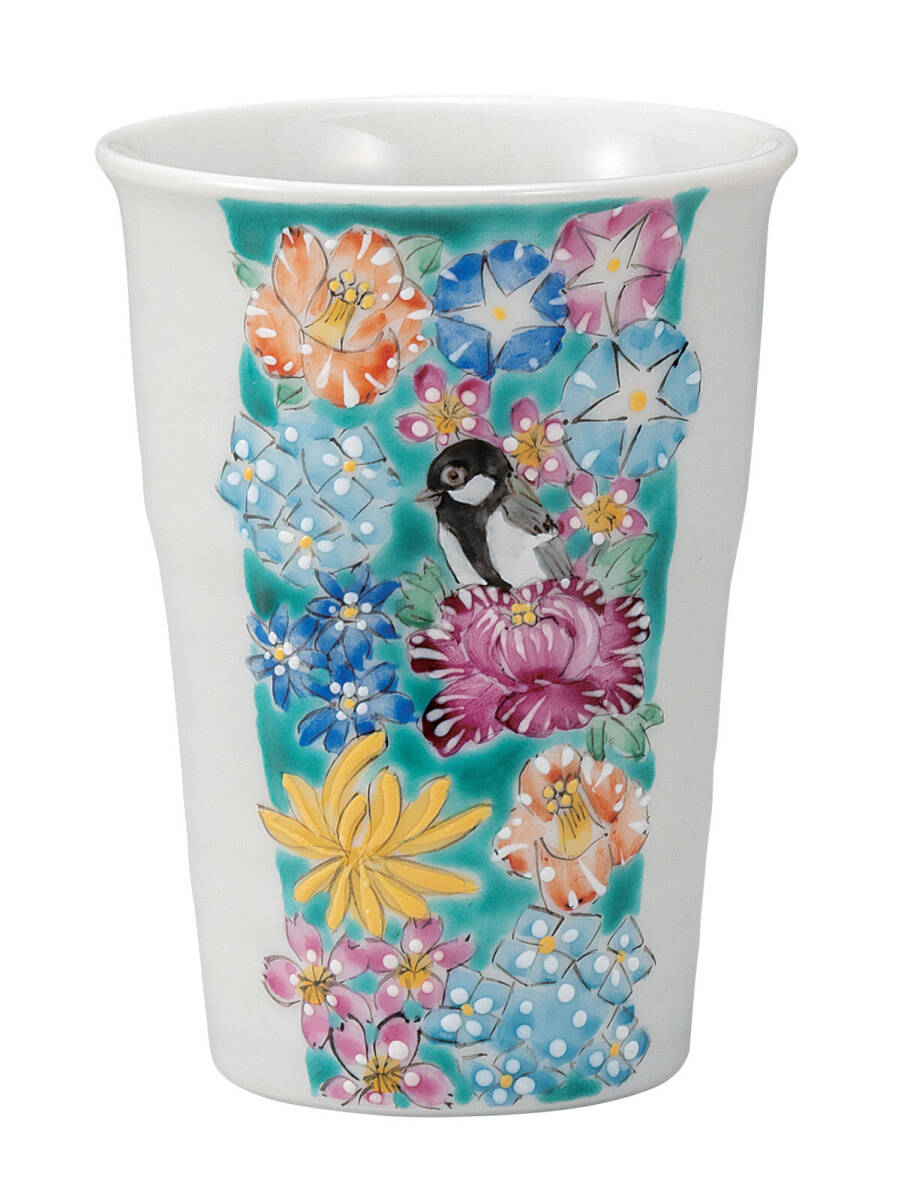 九谷焼! 新川敦子 ☆小鳥花詰・フリーカップ☆ K9-1158 新品 汲出 煎茶 ほうじ茶 茶器 ギフト拍卖