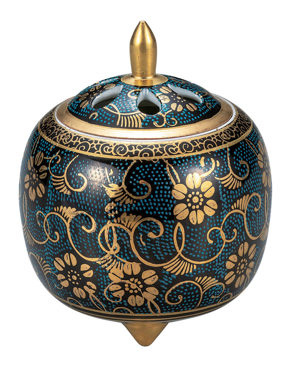 九谷焼! ☆青粒鉄仙・香炉☆ K9-1488 新品 茶道具 リラクゼーション ギフト拍卖