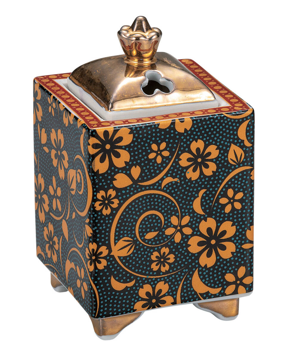 九谷焼! ☆青粒桜・香炉☆ K9-1469 新品 茶道具 リラクゼーション ギフト拍卖