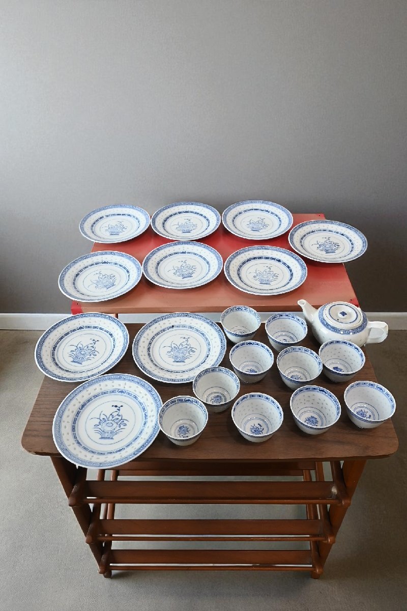 ○中国 景徳鎮 蛍手 21点セット 茶器 ティーポット 湯のみ茶碗 菓子皿 シノワズリ ヴィンテージ 古道具のgplus広島 2509i拍卖