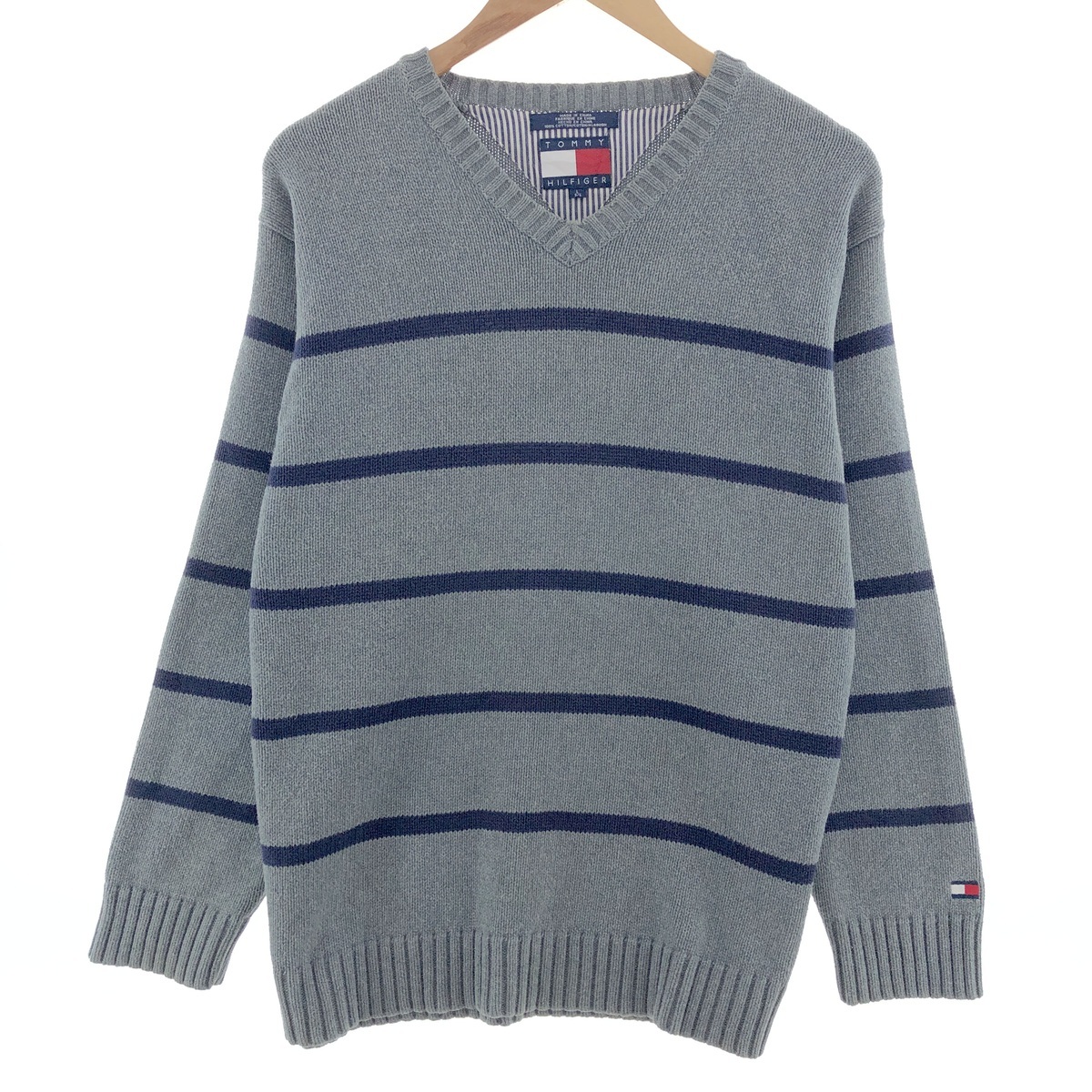 古着 トミーヒルフィガー TOMMY HILFIGER ボーダー柄 Vネック コットンニットセーター メンズL相当 /eaa380716 【SS2509_30】拍卖