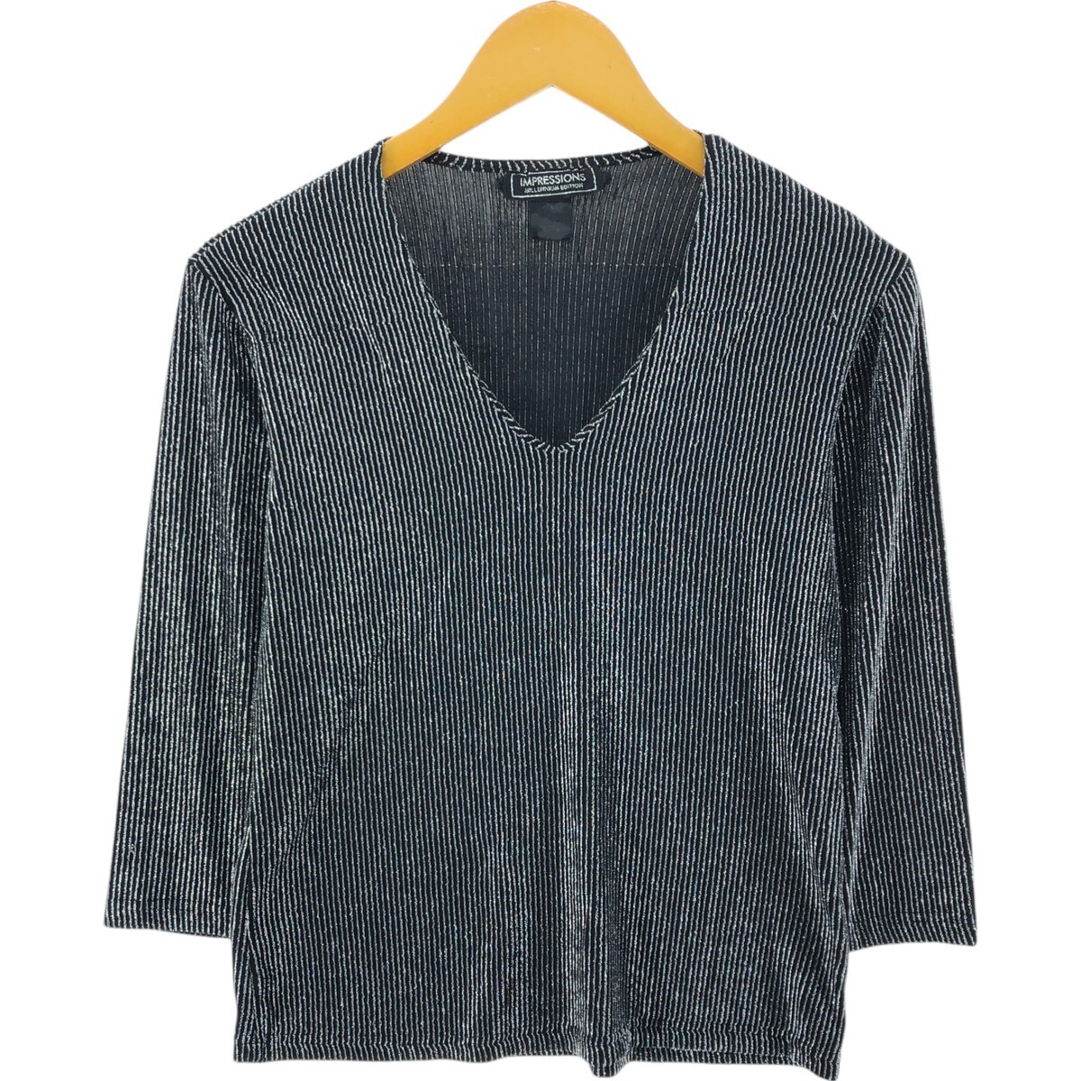 古着 IMPRESSIONS ストライプ柄 ラメ Vネック 長袖 カットソー レディースM相当 /eaa526163 【SS2509_30】拍卖