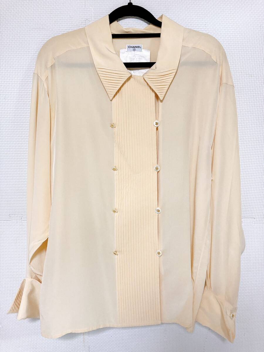 ★CHANEL シャネル ブラウス 長袖シャツ 38 ベージュ クリーム系 シルク 100%拍卖
