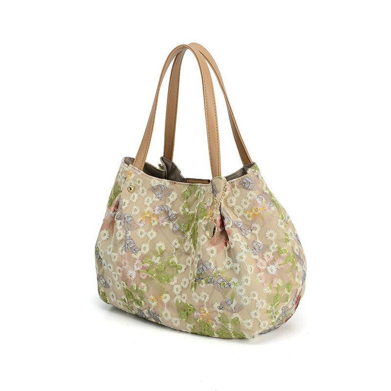 刺繍+プリントを施した華やかなでおしゃれな軽量手提げバッグ(ベージュ)拍卖