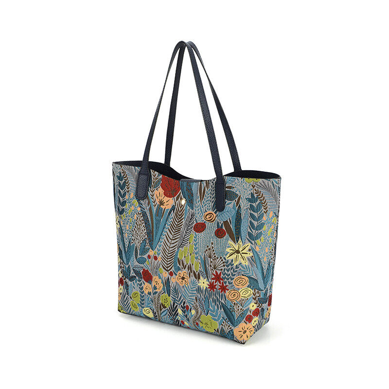 おしゃれなボタニカル柄ジャガードリバーシブル軽量トートバッグ(ネイビー)拍卖