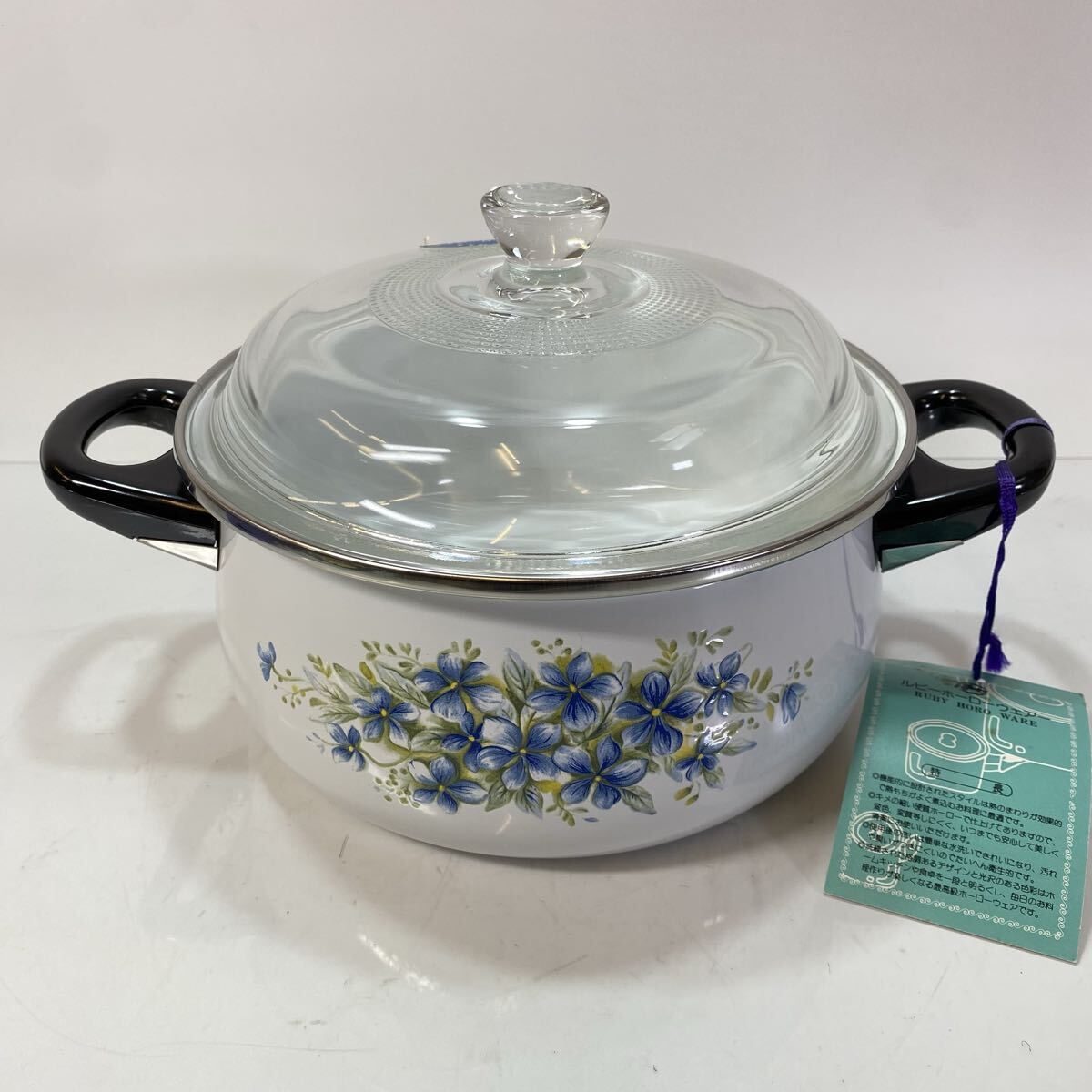 ルビー ホーローウェア 葫蘆 両手鍋 20cm 2.8L 花柄 ブルー系 ガラス蓋 調理器具 料理道具 金属製 未使用拍卖