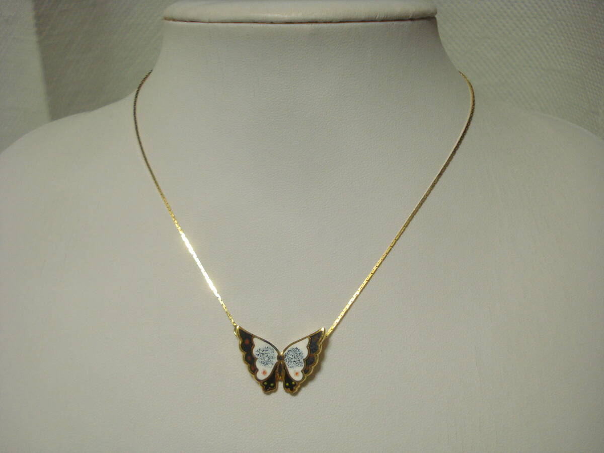 ☆ ハナエモリ 本七宝 蝶 ネックレス☆ 七宝焼 ゴールド 紺 ネイビー バタフライ 森英恵 モリハナエ拍卖