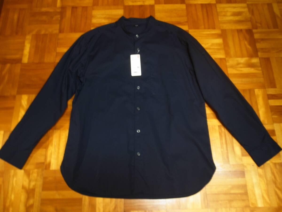 【新品タグ付き】 UNIQLO ユニクロ エクストラファインコットンブロードスタンドカラーシャツ(長袖) サイズL ネイビー拍卖