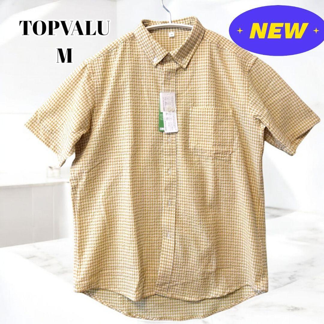 新品 M ストレッチ 吸汗速乾 ドライ 涼しい メンズ サッカー 半袖 シャツ 黄土色 チェック イオン トップバリュ拍卖