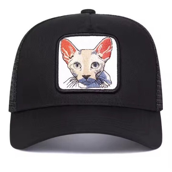 新品 フェネック?スフィンクス ネコ? 刺繍 メッシュ キャップ 野球帽 帽子 黒 メンズ レディース ユニセックス アメカジ ストリート拍卖