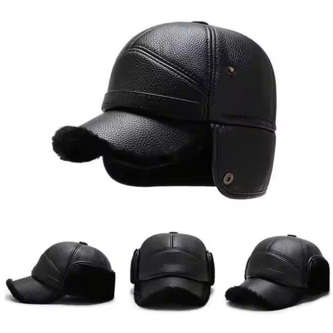 新品 耳当て付き PUレザー フェイクファー キャップ 帽子 レザーキャップ 黒 ブラック メンズ レディース ユニセックス 暖かい 冬拍卖