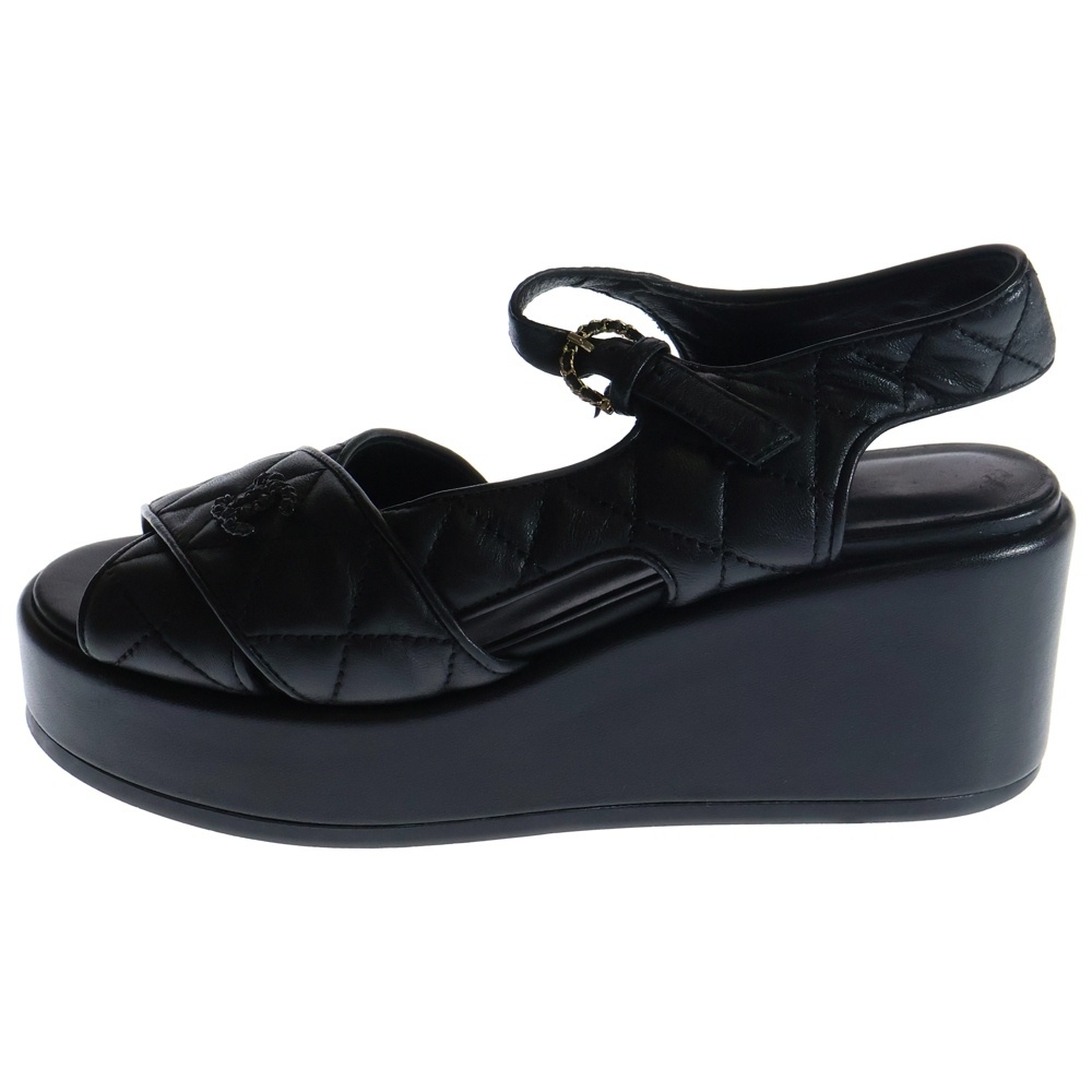 CHANEL シャネル ココマーク ラムスキン ウェッジソール サンダル レディース ブラック拍卖