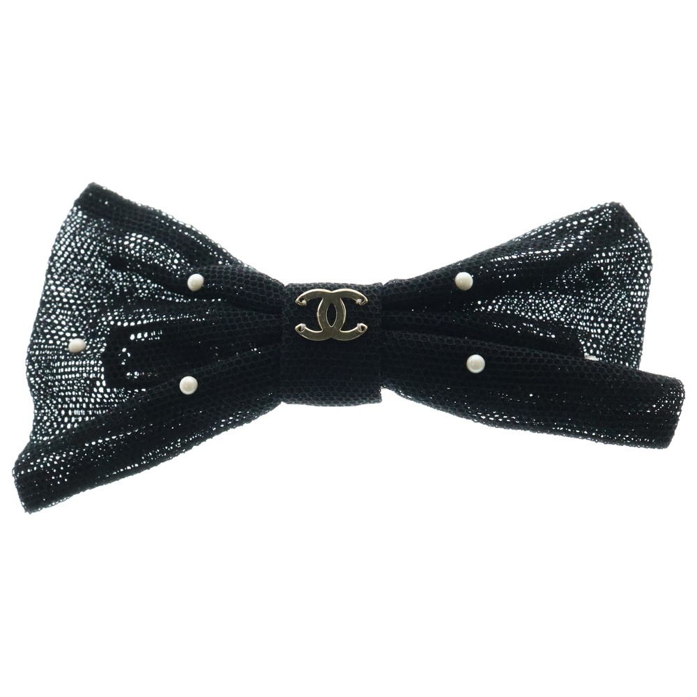 CHANEL シャネル バレッタ ヘアクリップ リボン メッシュ ブラック レディース拍卖
