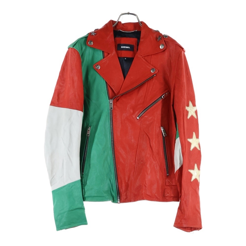 DIESEL ディーゼル トリコロール スター刺繍 スタッズ ラムスキン レザー ダブルライダースジャケット レッド/グリーン拍卖