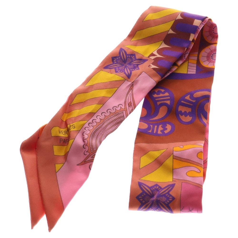 HERMES エルメス Twilly Scarf ツイリースカーフ クレタ 幾何学 オレンジ調拍卖
