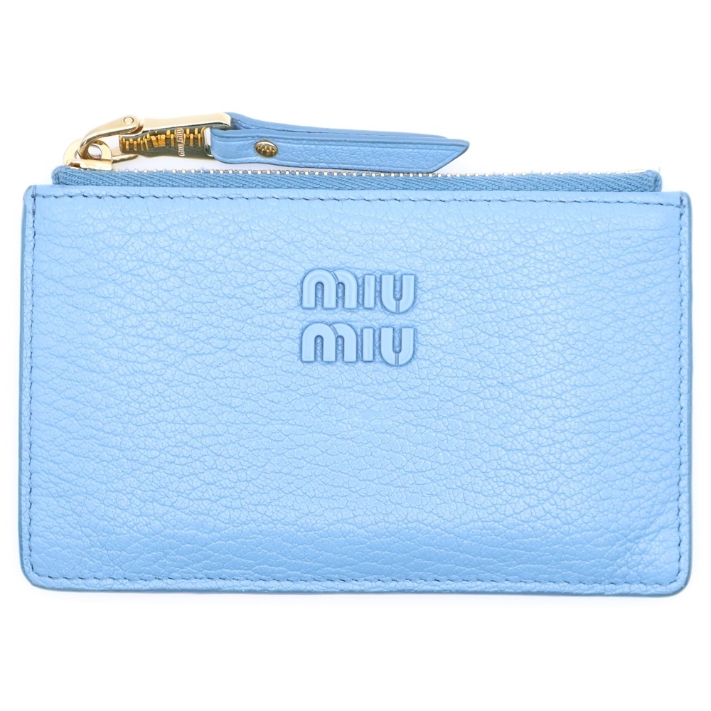 miumiu ミュウミュウ ロゴ フラグメント コインケース カードケース 小物入れ レザー ライトブルー ゴールド金具 レザー 5MB060拍卖
