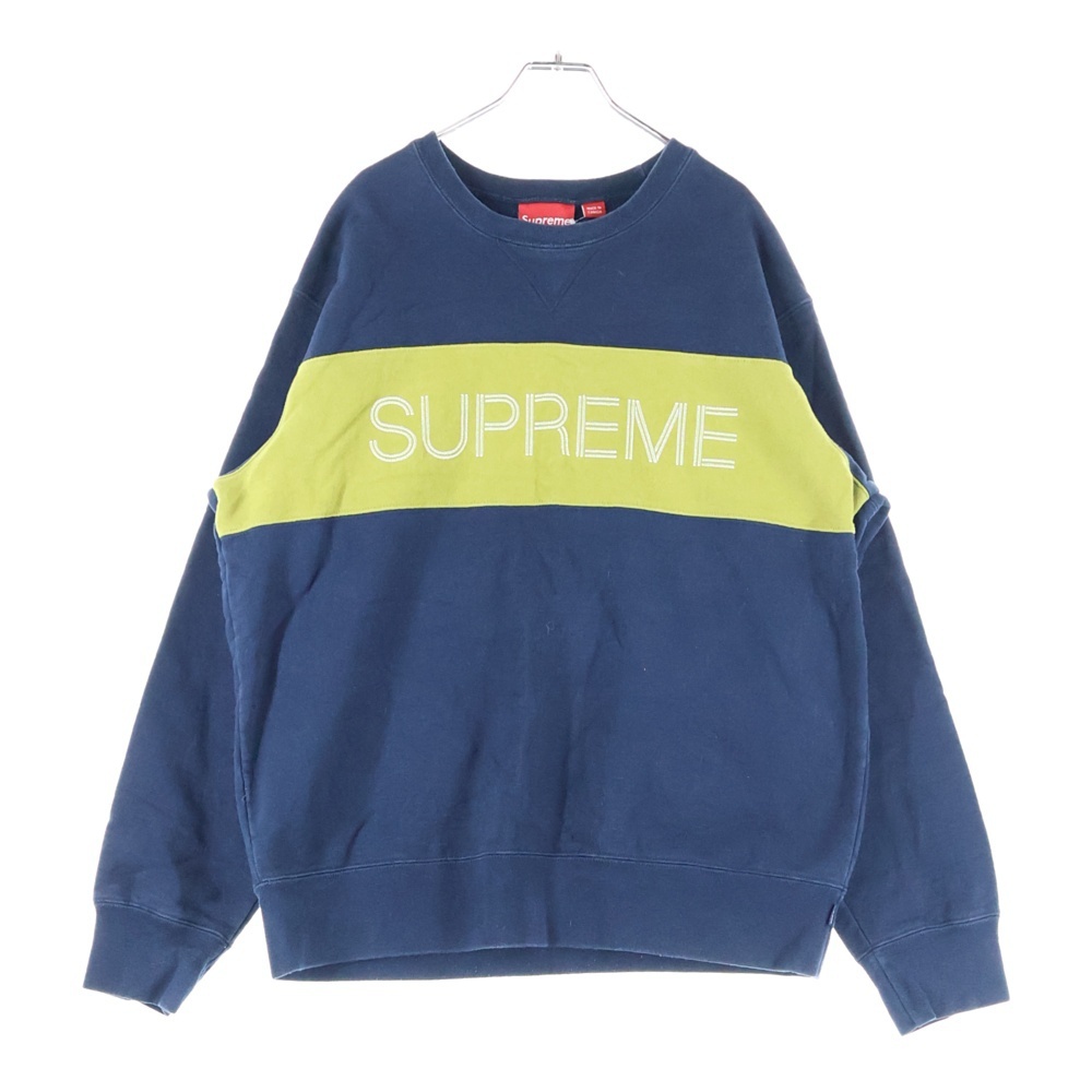SUPREME シュプリーム 17AW Zig Zag Stitch Panel Crewneck ロゴパネルスウェットトレーナー ネイビー拍卖