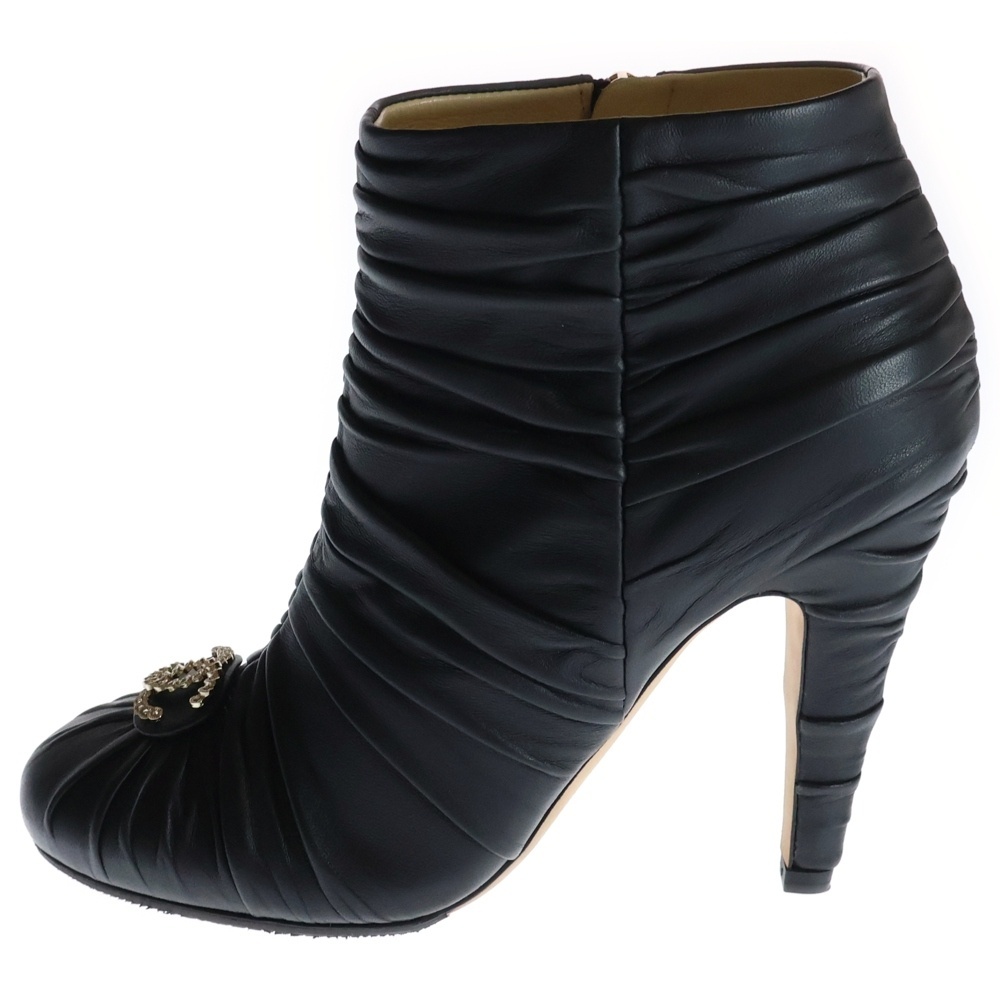 CHANEL シャネル Ruched Satin Crystal CC Short Boots ルーシュ サテン クリスタル CC ショートブーツ レザー ブラック レディース拍卖