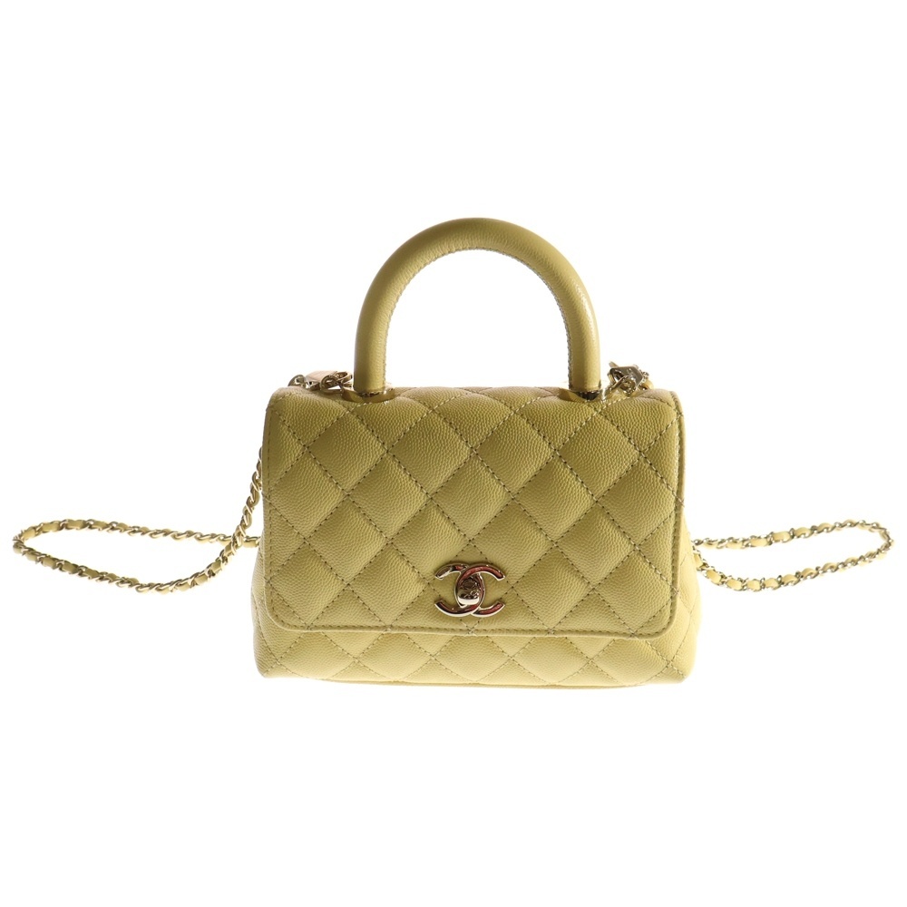 シャネル ココハンドルXXS ココマーク マトラッセ キャビアスキン レザー 2WAY ハンド チェーン ショルダーバッグ ゴールド金具 イエロー拍卖