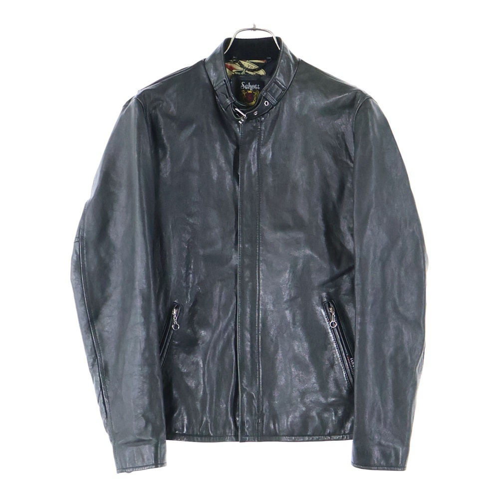 SCHOTT ショット ラムレザー ジップアップ 総柄ライナーシングルライダースジャケット ブラック拍卖
