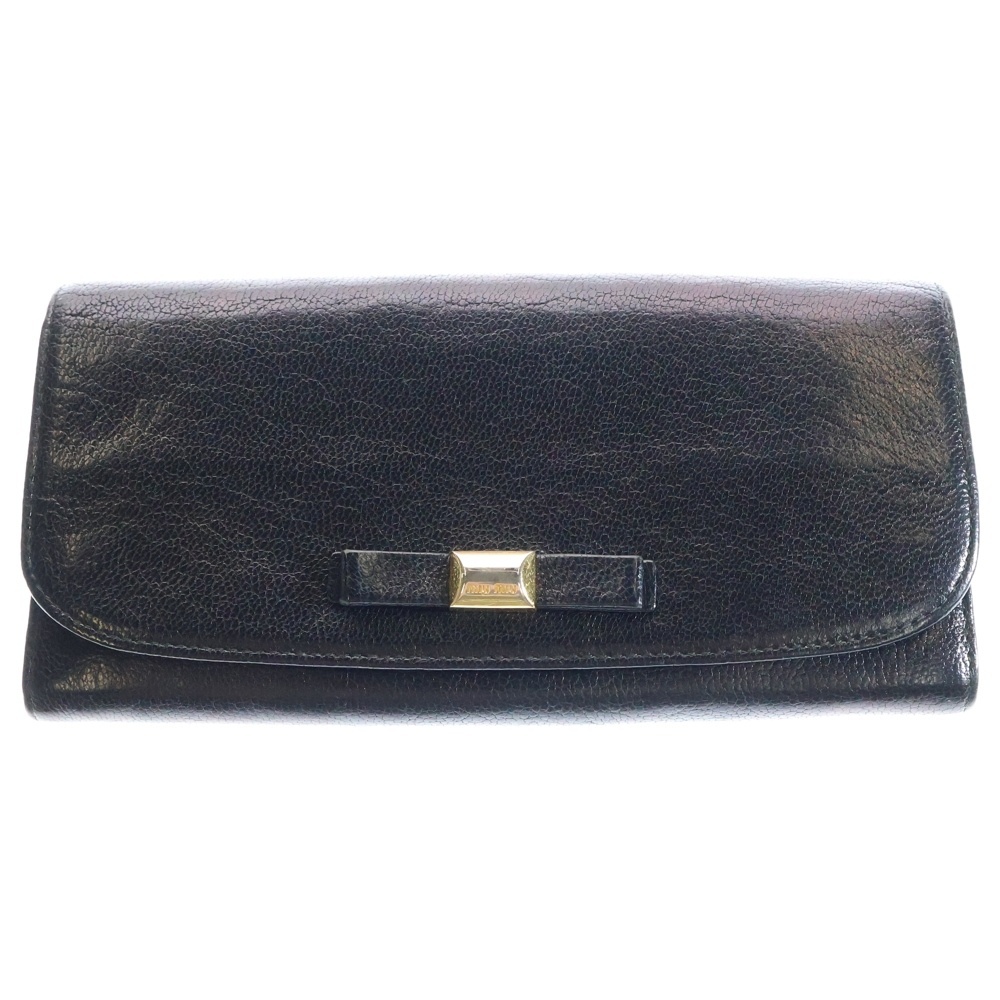 miumiu ミュウミュウ 二つ折り長財布 ロングウォレット カードケース リボン ブラック レザー ゴールド金具拍卖