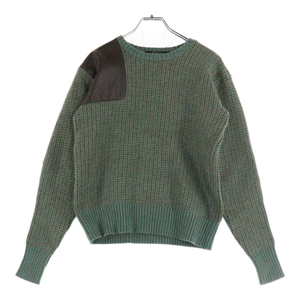 LAUREN RALPH LAUREN ローレンラルフローレン レザー切り替え エルボーパッチ クルーネックニットセーター グリーン 200885033001拍卖