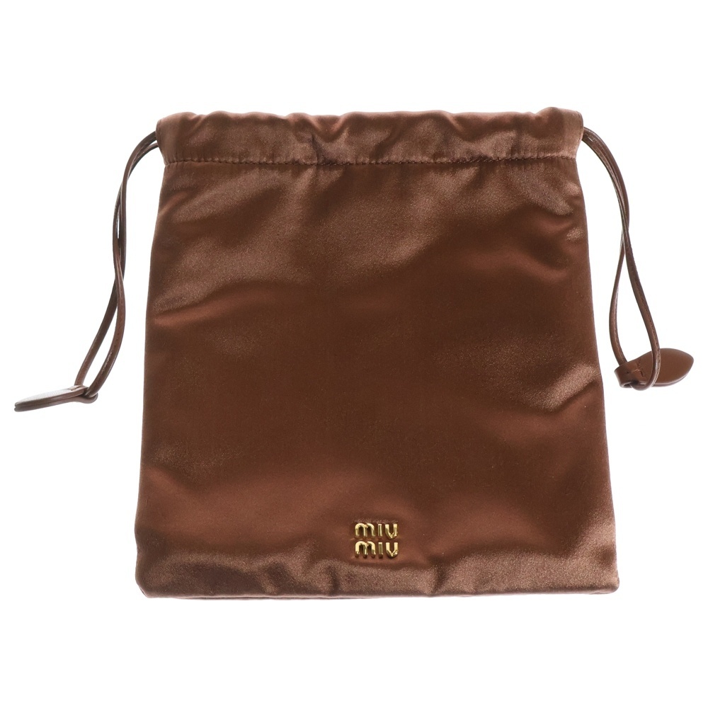 miumiu ミュウミュウ DUCHESSE ダッチェス ロゴプレート サテン レザー 巾着 ポーチ バッグ ゴールド金具 ブラウン 5NG010拍卖