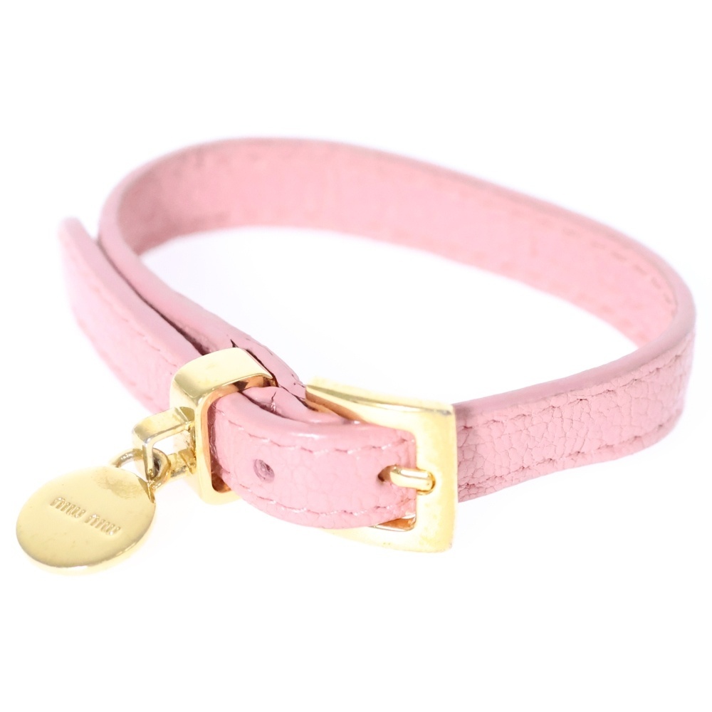miumiu ミュウミュウ ハートチャーム ラインストーン レザーブレスレット ピンク拍卖