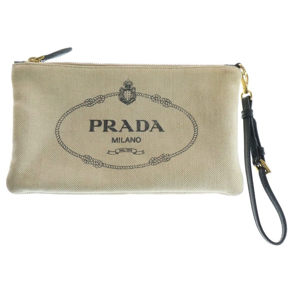 PRADA プラダ カナパ ロゴ ポーチ 小物入れ セカンドバッグ ゴールド金具 アイボリー キャンバス×レザー 1NH018拍卖